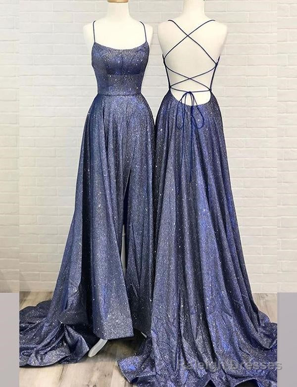 A Line Halter Navy Blue Long Prom Dresses Split Front Criss Cross Main image