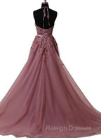 A Line Halter Neck Lace Prom Dress With Sweep Train,  Backless Formal Dress, Evening Dress