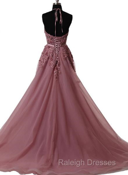 A Line Halter Neck Lace Prom Dress With Sweep Train,  Backless Formal Dress, Evening Dress