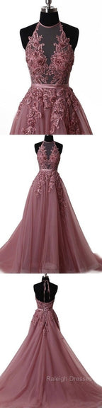 A Line Halter Neck Lace Prom Dress With Sweep Train,  Backless Formal Dress, Evening Dress