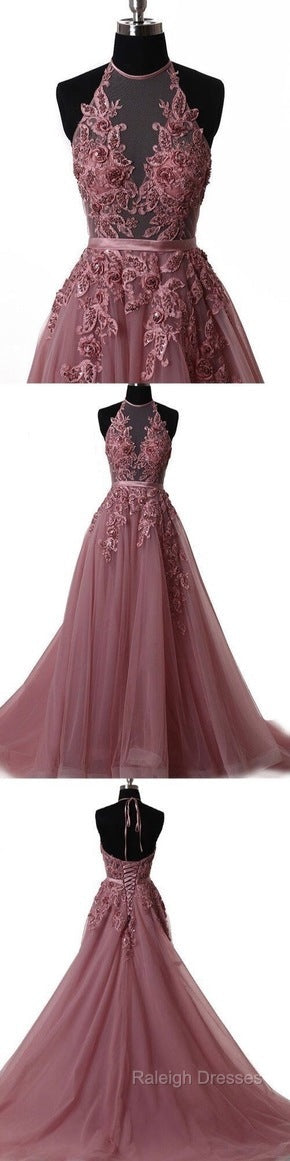 A Line Halter Neck Lace Prom Dress With Sweep Train,  Backless Formal Dress, Evening Dress
