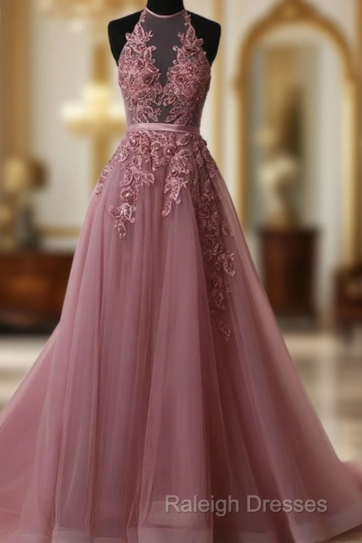 A-Line Halter Neck Lace Prom Dresses With Sweep Train Backless Prom Dresseses