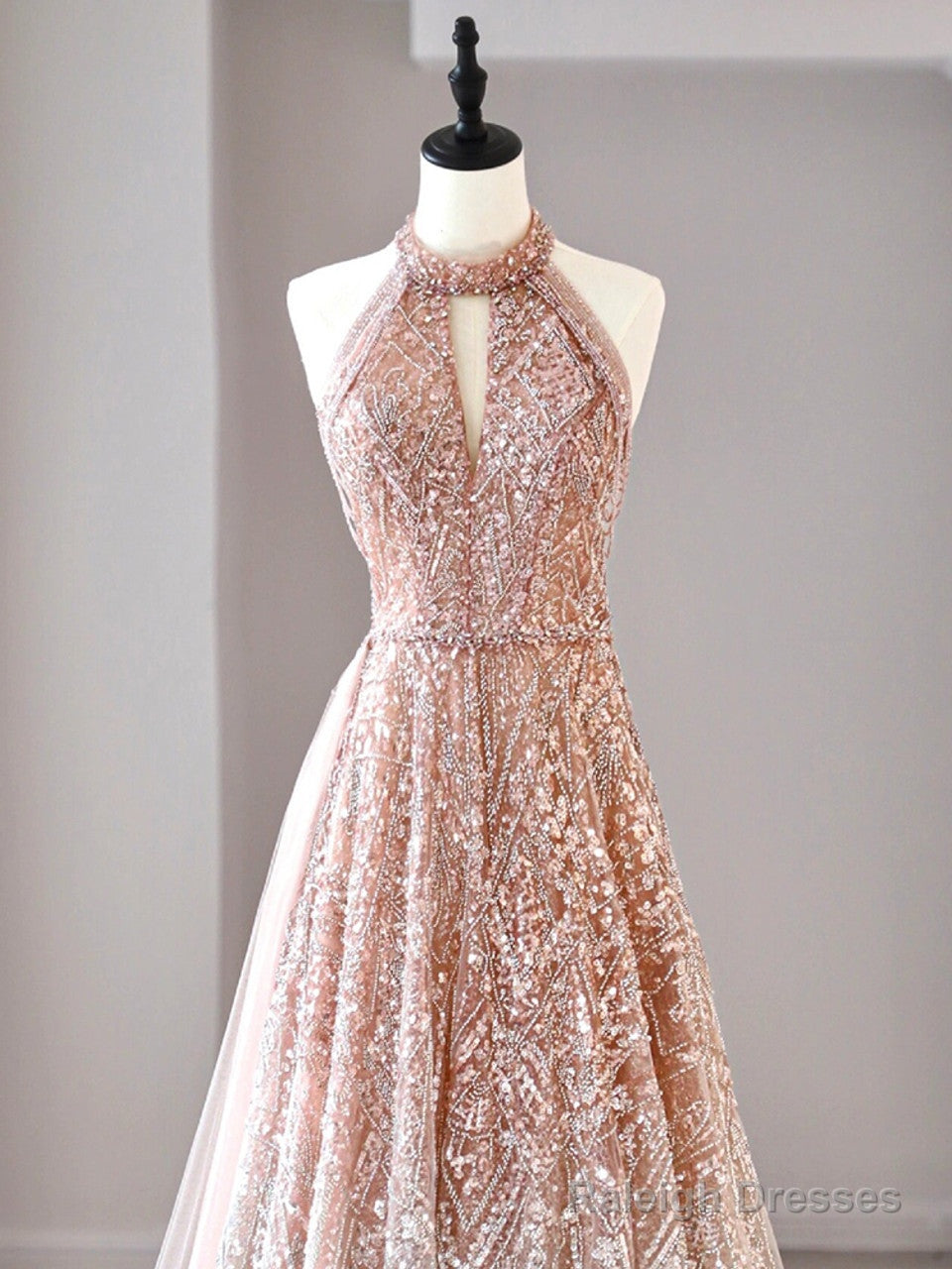 A-Line Halter Neck Sequined Tulle Long Prom Dress, Formal Evening Dress