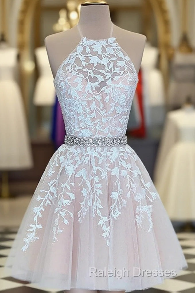 A Line Halter Neck Short Champagne Lace Prom Dresses, Short Champagne Lace Formal Homecoming Dresses Main image