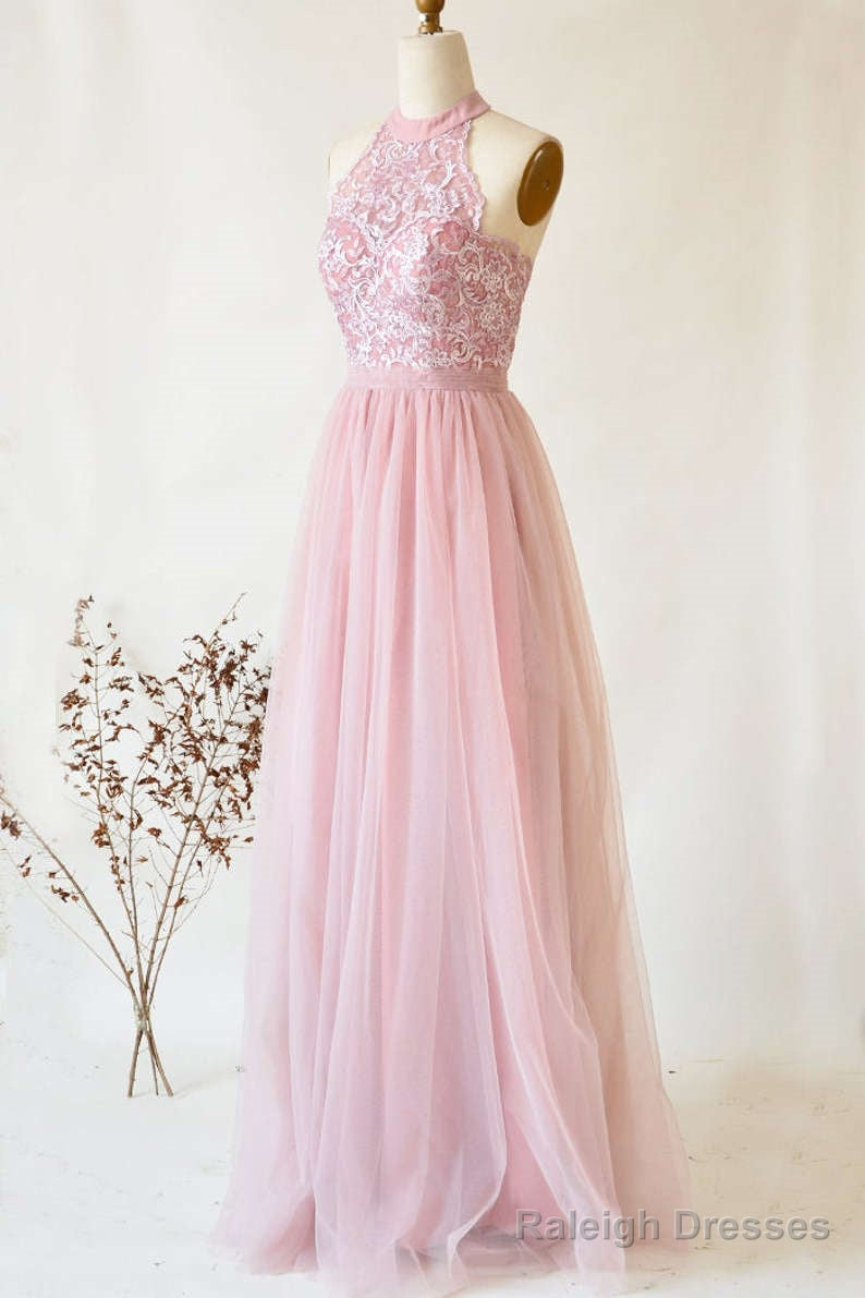 A-Line Halter Pink Lace Long Bridesmaid Dresses Secondary image