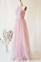 A-Line Halter Pink Lace Long Bridesmaid Dresses
