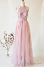 A-Line Halter Pink Lace Long Bridesmaid Dresses