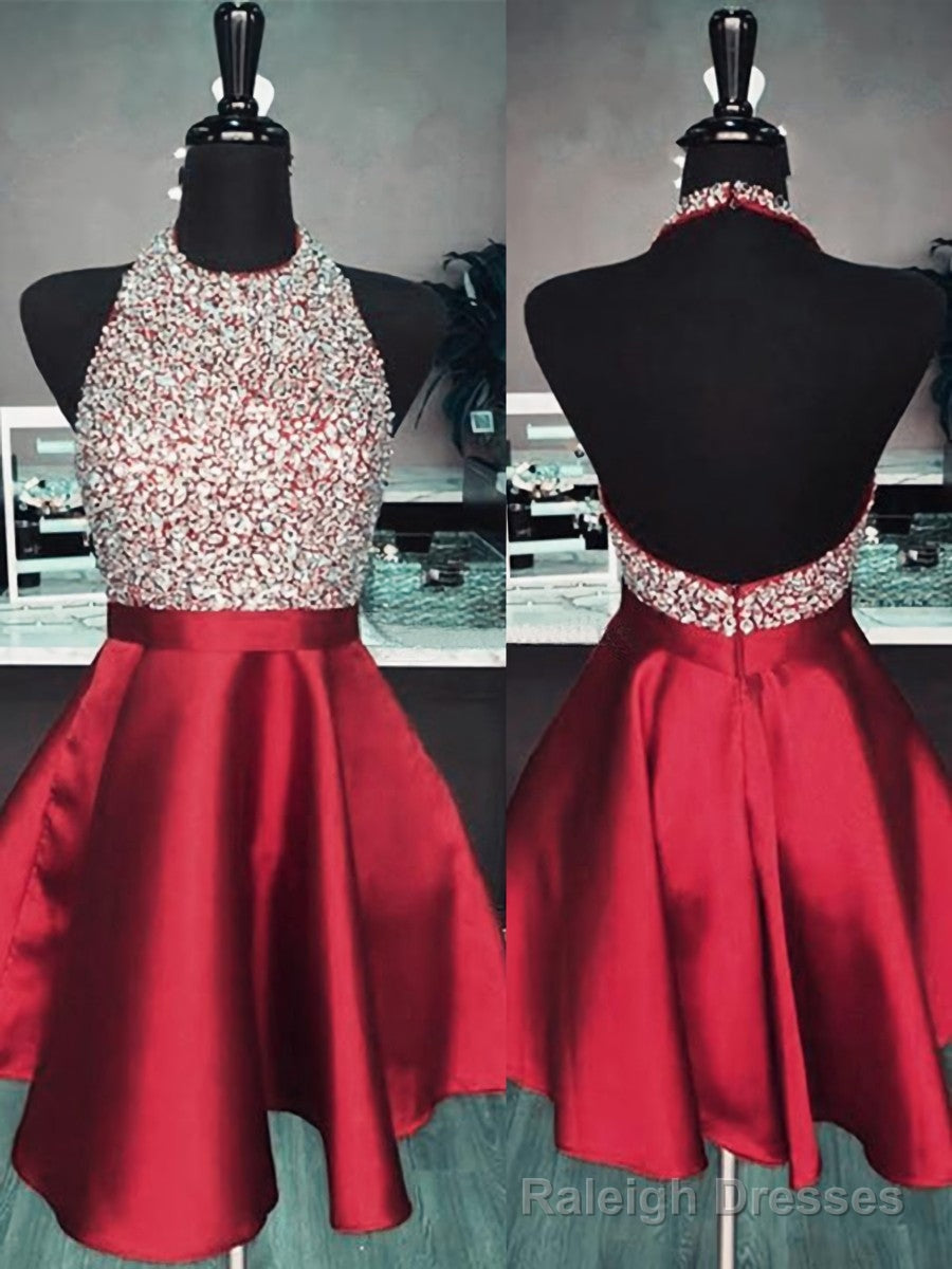 A Line Halter Sequin Short Mini Satin Dress Main image