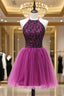 A Line Halter Short Mini Flowers Appliques Lace Beaded Elegant Short Cocktail Dresses