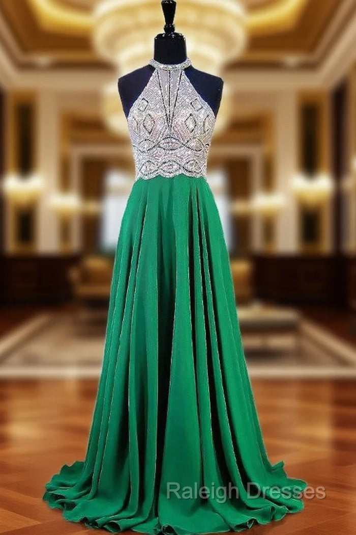 A-line Halter Sleeveless Beaded Floor Length Chiffon Prom Dress