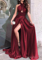 A-line Halter Sleeveless Long/Floor-Length Charmeuse Prom Dresses With Split