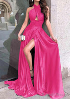 A-line Halter Sleeveless Long/Floor-Length Charmeuse Prom Dresses With Split