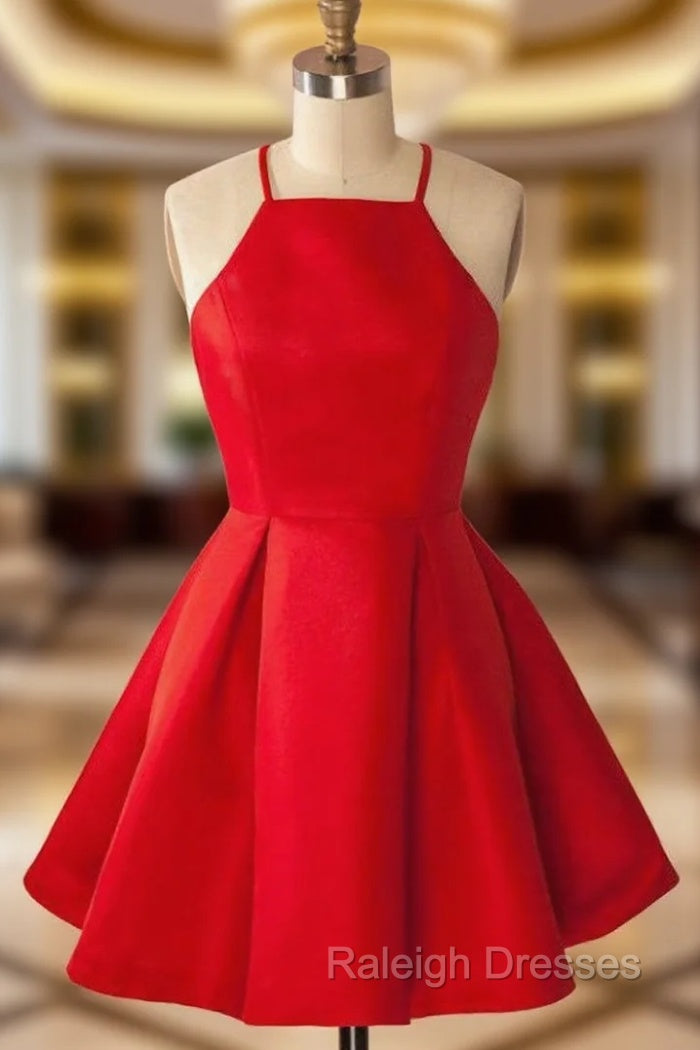 A-Line Halter Sleeveless Short Red Satin Homecoming Dress