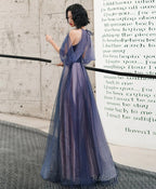 A-Line Halter Tulle Floor Length Prom Dress, Blue Long Party Dresses