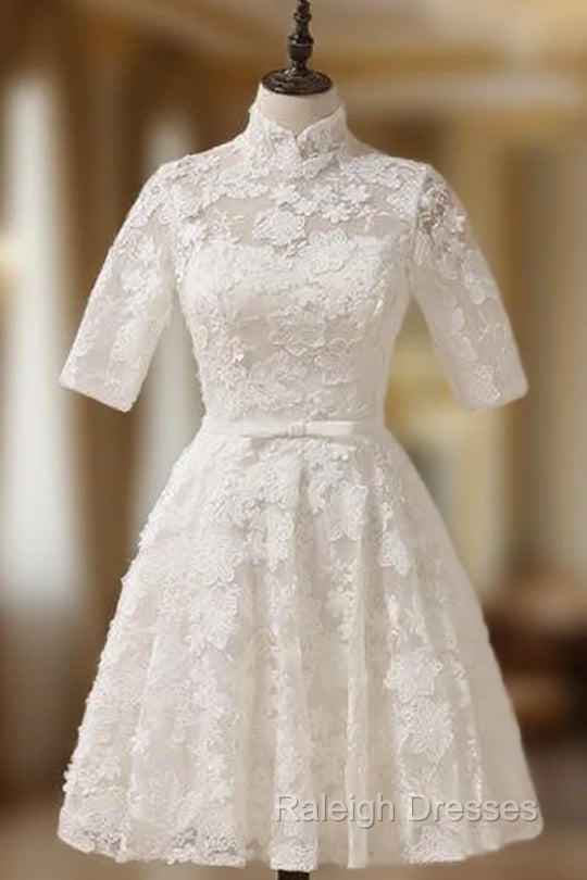 A-line High Collar Lace Half Sleeves Knee Length Wedding Dresses