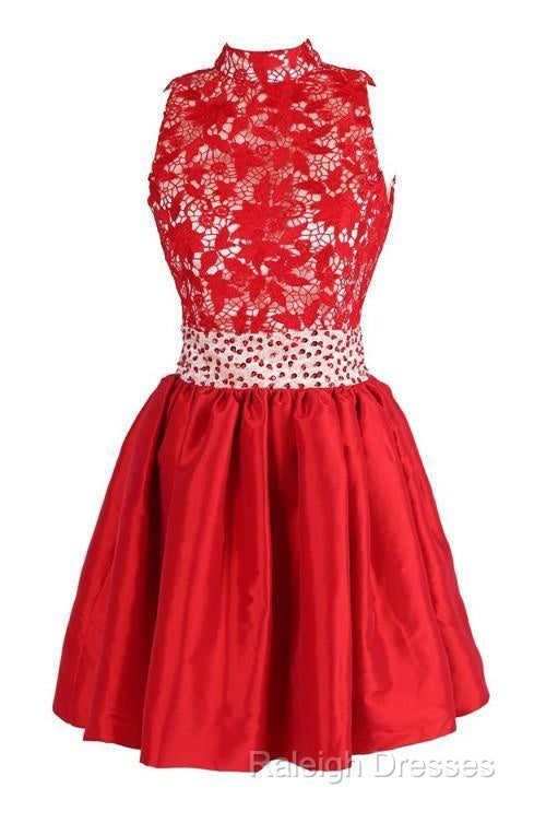 A-Line High Neck Knee Length Satin Homecoming Dress With Lace