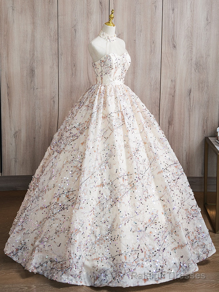 A-Line High Neck Lace Champagne Long Prom Dress, Champagne Long Formal Dress Secondary image