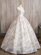 A-Line High Neck Lace Champagne Long Prom Dress, Champagne Long Formal Dress