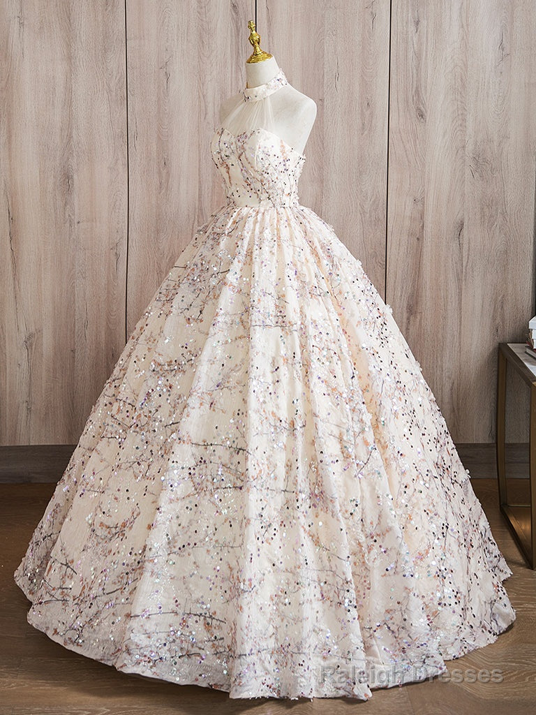 A-Line High Neck Lace Champagne Long Prom Dresses Champagne Long Prom Dresses