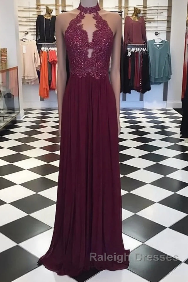 A Line High Neck Lace Long Prom Dresses, Lace Evening Dresses