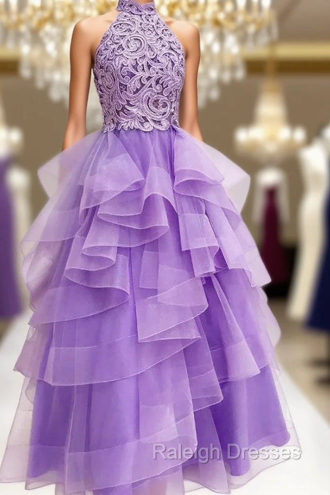 A Line High Neck Light Purple Tulle Appliques Long Prom Dress with Beading