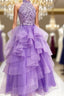 A Line High Neck Light Purple Tulle Appliques Long Prom Dress with Beading