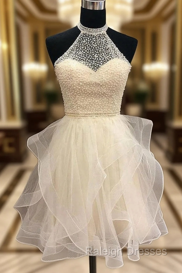 A Line High-Neck Sleeveless Organza Short Mini Homecoming Dress With Beading