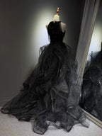 A-Line High Neck Tulle Ball Gown Sequin Black Formal Prom Dress With Beads