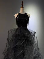 A-Line High Neck Tulle Ball Gown Sequin Black Formal Prom Dress With Beads