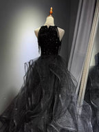 A-Line High Neck Tulle Ball Gown Sequin Black Formal Prom Dress With Beads