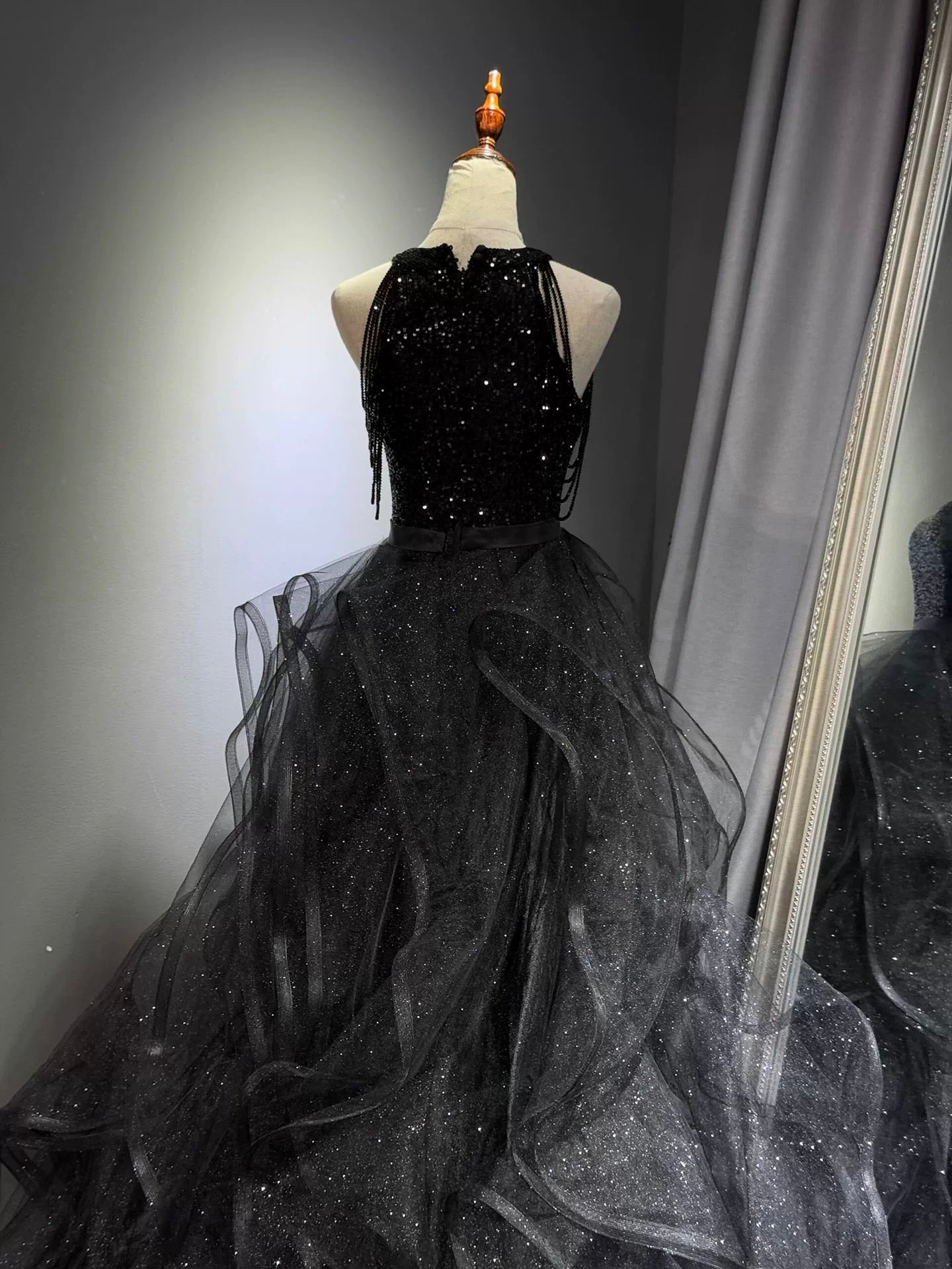 A-Line High Neck Tulle Ball Gown Sequin Black Formal Prom Dress With Beads