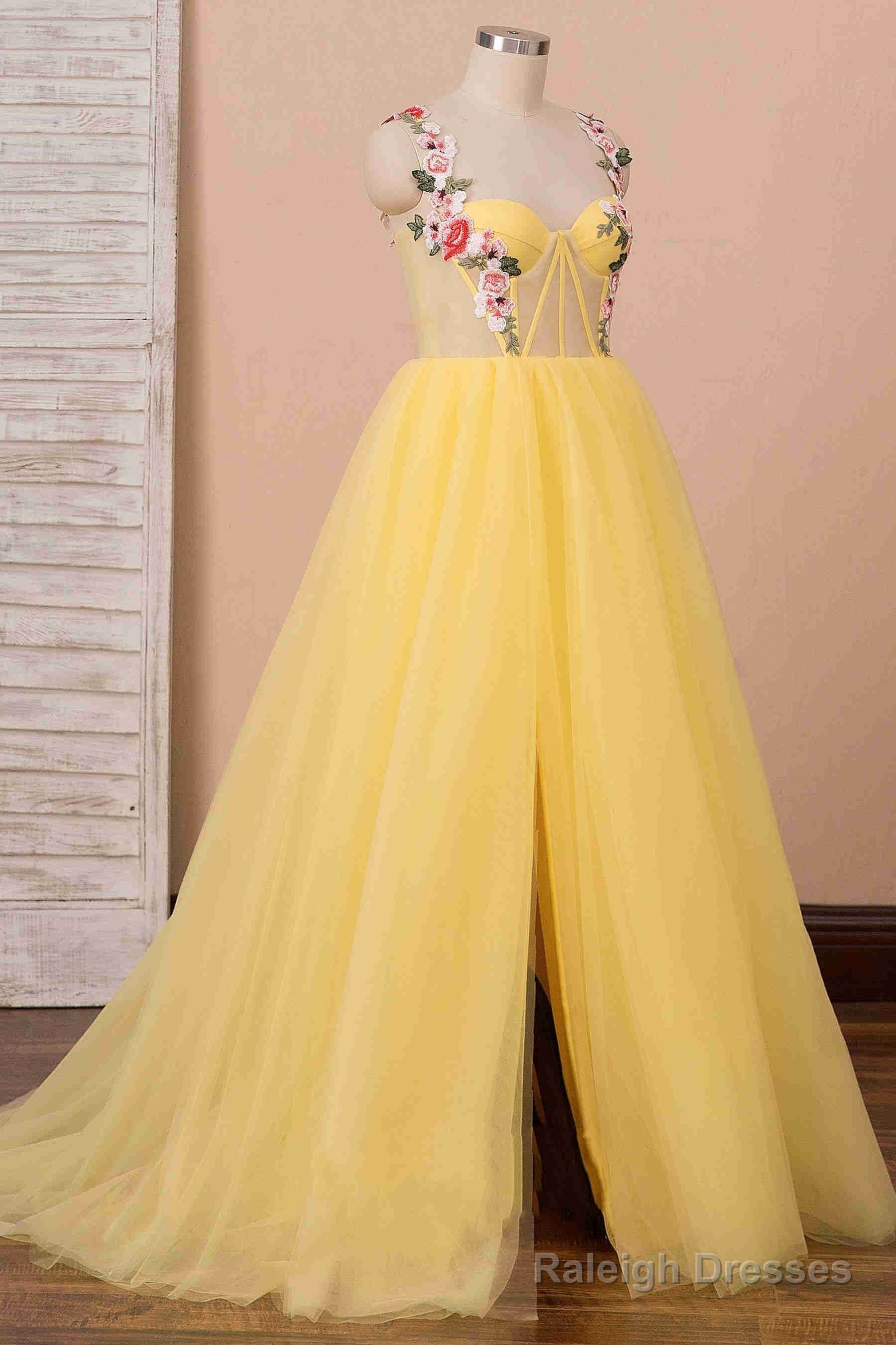 A-Line High Slit Yellow Tulle Prom Dress With Flower Appliques