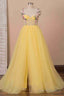 A-Line High Slit Yellow Tulle Prom Dress With Flower Appliques