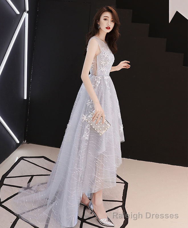 A-Line Hight Low Lace Prom Dress Gray Tulle Homecoming Dress Secondary image