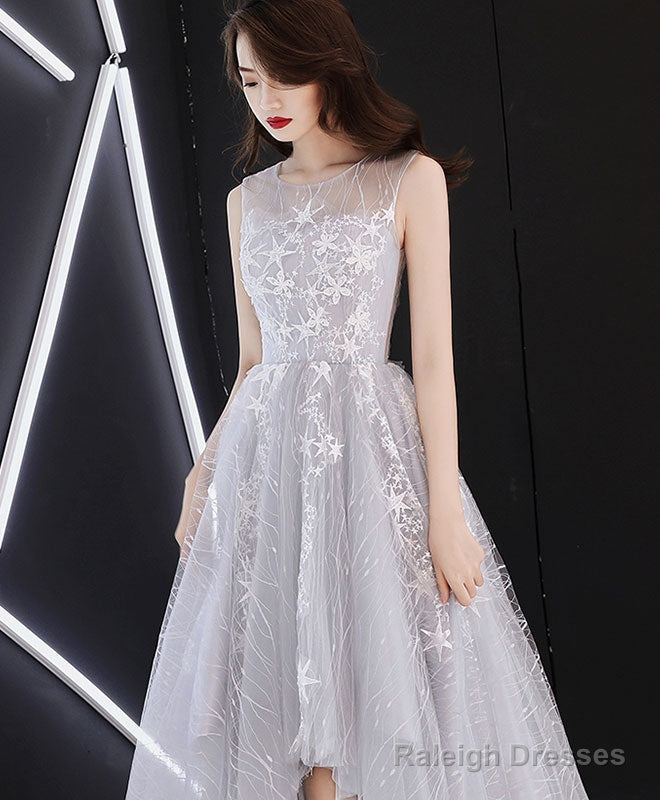 A-Line Hight Low Lace Prom Dress Gray Tulle Homecoming Dress