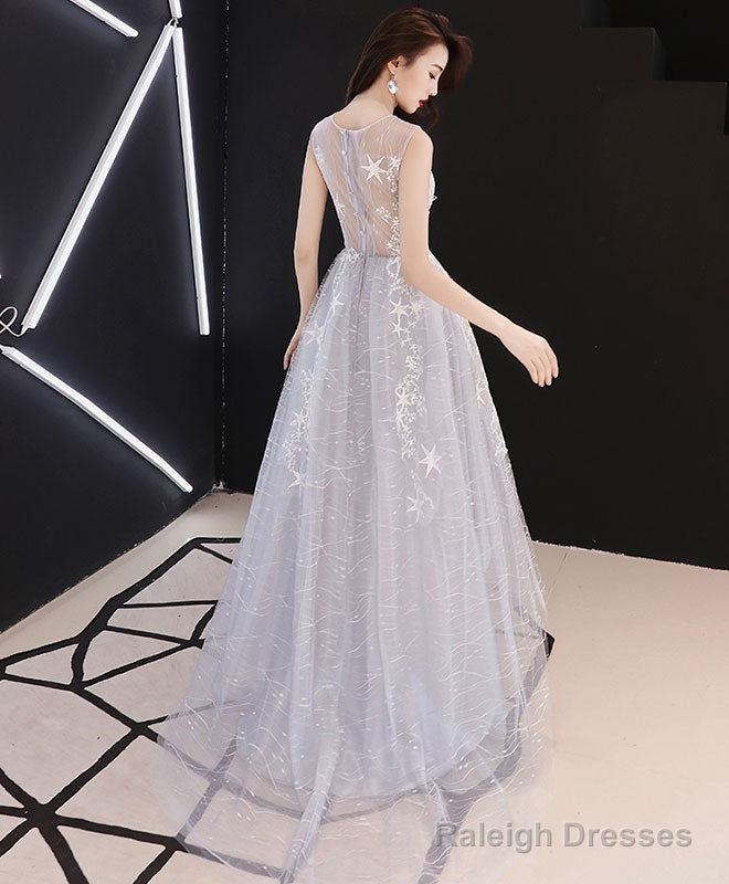 A Line Hight Low Lace Prom Dresses, Gray Tulle Homecoming Dresses