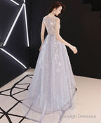 A-Line Hight Low Lace Prom Dress Gray Tulle Homecoming Dress