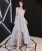 A Line Hight Low Lace Prom Dresses, Gray Tulle Homecoming Dresses