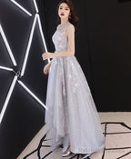 A-Line Hight Low Lace Prom Dress Gray Tulle Homecoming Dress