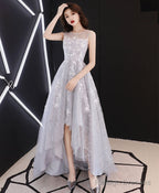 A Line Hight Low Lace Prom Dresses, Gray Tulle Homecoming Dresses