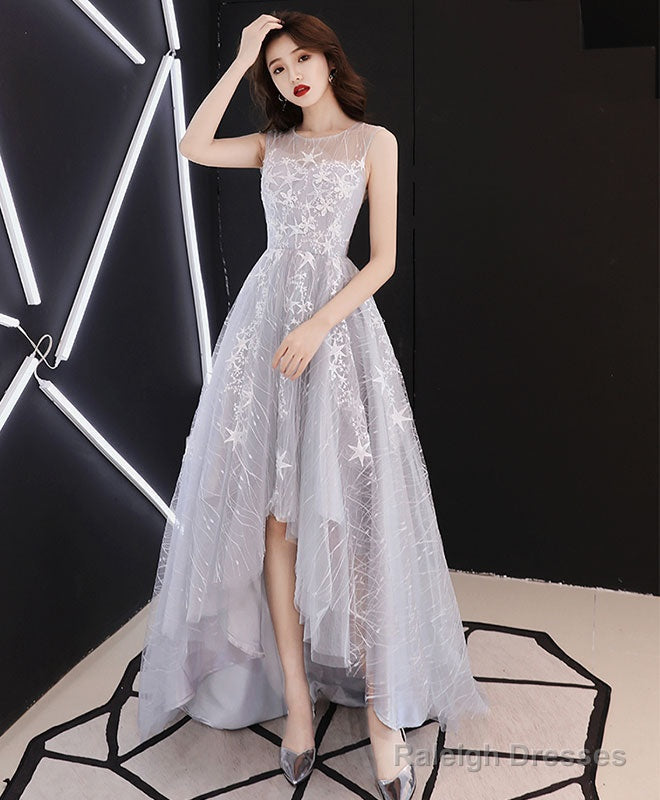 A-Line Hight Low Lace Prom Dress Gray Tulle Homecoming Dress