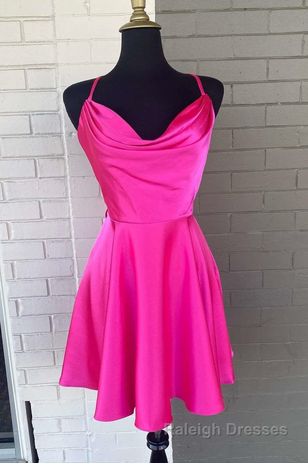 A Line Hot Pink Cowl Neck Lace-Up Short Homecoming Dress Secondary image