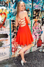 A Line Hot Pink Cowl Neck Lace-Up Short Homecoming Dress