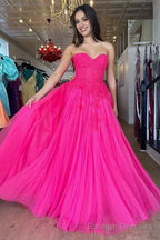 A Line Hot Pink Tulle Lace StraplessLong Prom Dress