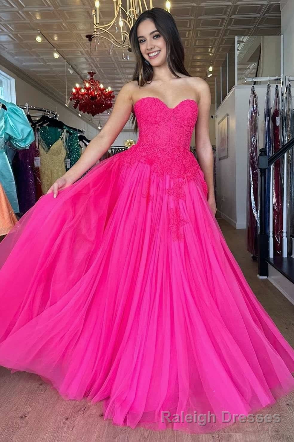 A Line Hot Pink Tulle Lace StraplessLong Prom Dress