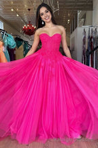 A Line Hot Pink Tulle Lace StraplessLong Prom Dress