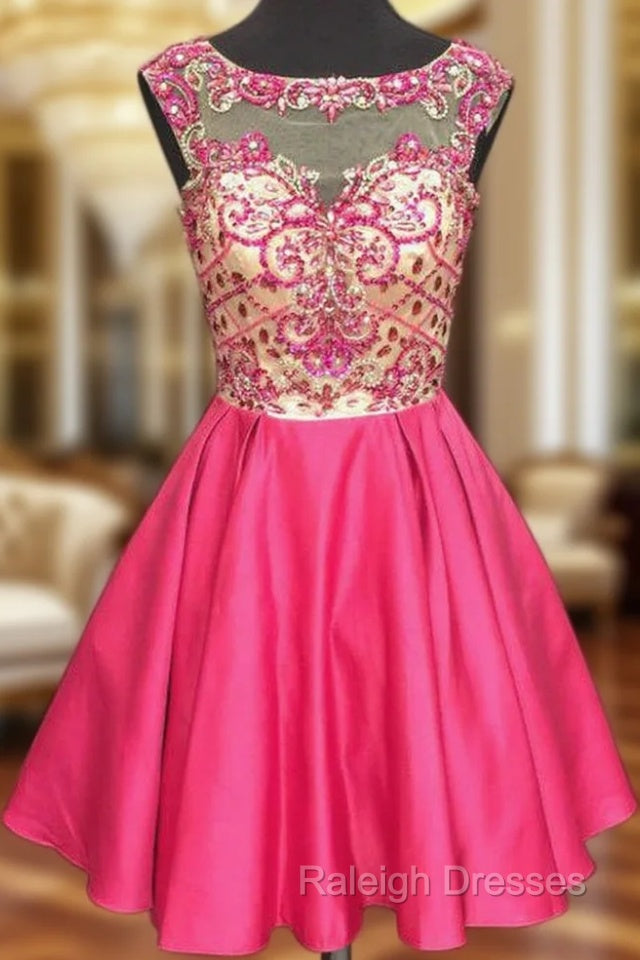 A-line Illusion Cap-sleeve Rhinestone Sweet Little Homecoming Dresses