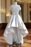 A-line Illusion Neck Short Sleeve Satin Asymmetrical Homecoming Dress With Appliqued Waistband