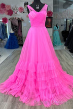 A Line Illusion V Neck Layers Tulle Prom Dresses
