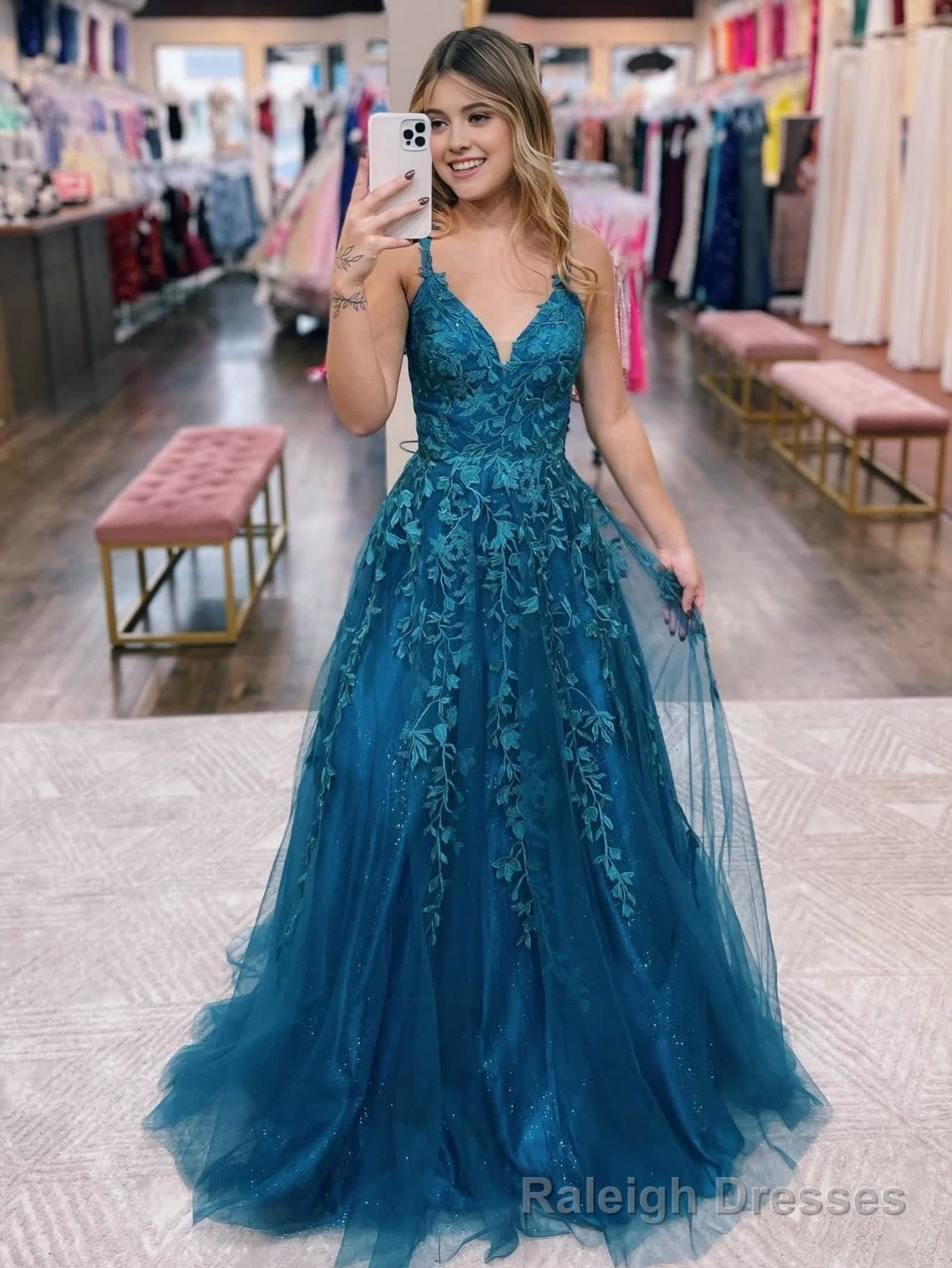 A Line Ink Blue Glitter Tulle Lace Prom Dress Secondary image